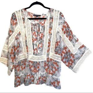 Boho Top Sheer Floral 3/4 Sleeve